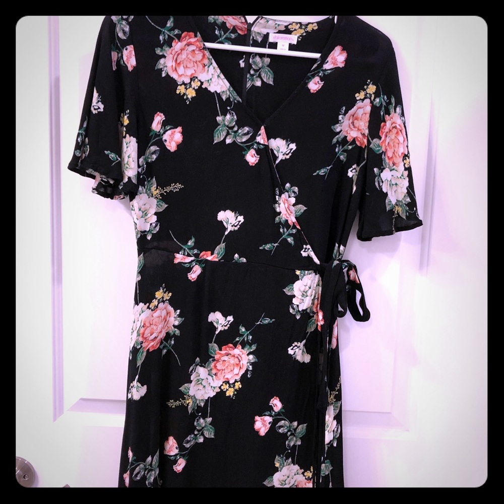 Black floral faux wrap dress